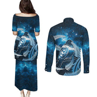 New Zealand Matariki Couples Matching Puletasi and Long Sleeve Button Shirt Pigeon Kereru Maori Fern Art