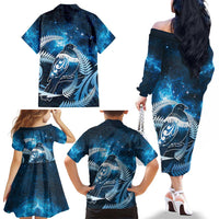 New Zealand Matariki Family Matching Off The Shoulder Long Sleeve Dress and Hawaiian Shirt Pigeon Kereru Maori Fern Art