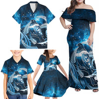 New Zealand Matariki Family Matching Off Shoulder Maxi Dress and Hawaiian Shirt Pigeon Kereru Maori Fern Art