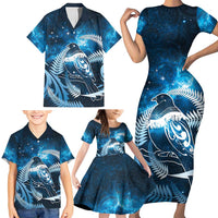 New Zealand Matariki Family Matching Short Sleeve Bodycon Dress and Hawaiian Shirt Pigeon Kereru Maori Fern Art