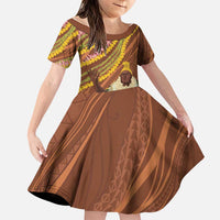 Hawaii King Kamehameha Family Matching Off Shoulder Short Dress and Hawaiian Shirt Hawaiian Kakau Pattern With Leis
