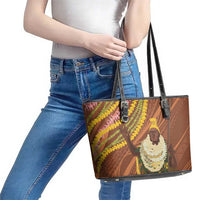 Hawaii King Kamehameha Leather Tote Bag Hawaiian Kakau Pattern With Leis