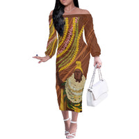 Hawaii King Kamehameha Off The Shoulder Long Sleeve Dress Hawaiian Kakau Pattern With Leis LT05 Women Brown - Polynesian Pride