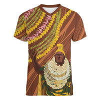 Hawaii King Kamehameha Women V-Neck T-Shirt Hawaiian Kakau Pattern With Leis
