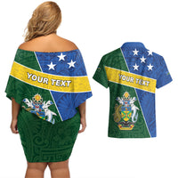 Personalised Solomon Islands Independence Day Couples Matching Off Shoulder Short Dress and Hawaiian Shirt With Coat Of Arms