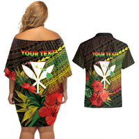 Personalized Hawaii Born and Raised Couples Matching Off Shoulder Short Dress and Hawaiian Shirt Kanaka Maoli Flag Day