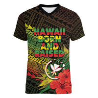 Personalized Hawaii Born and Raised Women V-Neck T-Shirt Kanaka Maoli Flag Day