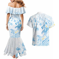 Polynesia Hammerhead Shark Couples Matching Mermaid Dress and Hawaiian Shirt Tropical Flowers Tribal Pattern Blue LT05 - Polynesian Pride