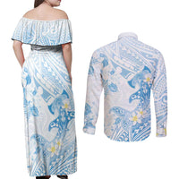 Polynesia Hammerhead Shark Couples Matching Off Shoulder Maxi Dress and Long Sleeve Button Shirt Tropical Flowers Tribal Pattern Blue