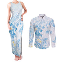 Polynesia Hammerhead Shark Couples Matching Tank Maxi Dress and Long Sleeve Button Shirt Tropical Flowers Tribal Pattern Blue