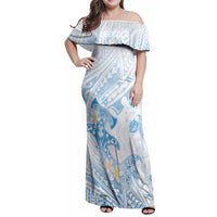 Polynesia Hammerhead Shark Family Matching Off Shoulder Maxi Dress and Hawaiian Shirt Tropical Flowers Tribal Pattern Blue