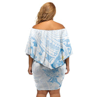 Polynesia Hammerhead Shark Family Matching Off Shoulder Short Dress and Hawaiian Shirt Tropical Flowers Tribal Pattern Blue LT05 - Polynesian Pride