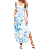 Polynesia Hammerhead Shark Family Matching Summer Maxi Dress and Hawaiian Shirt Tropical Flowers Tribal Pattern Blue LT05 Mom's Dress Blue - Polynesian Pride