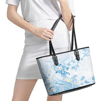 Polynesia Hammerhead Shark Leather Tote Bag Tropical Flowers Tribal Pattern Blue