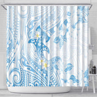 Polynesia Hammerhead Shark Shower Curtain Tropical Flowers Tribal Pattern Blue