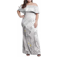 Polynesia Hammerhead Shark Family Matching Off Shoulder Maxi Dress and Hawaiian Shirt Tropical Flowers Tribal Pattern White
