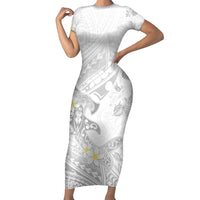 Polynesia Hammerhead Shark Family Matching Short Sleeve Bodycon Dress and Hawaiian Shirt Tropical Flowers Tribal Pattern White