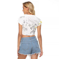 Polynesia Hammerhead Shark Raglan Cropped T Shirt Tropical Flowers Tribal Pattern White
