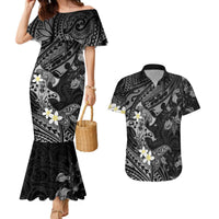 Polynesia Hammerhead Shark Couples Matching Mermaid Dress and Hawaiian Shirt Tropical Flowers Tribal Pattern Black LT05 Black - Polynesian Pride