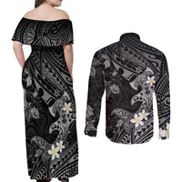Polynesia Hammerhead Shark Couples Matching Off Shoulder Maxi Dress and Long Sleeve Button Shirt Tropical Flowers Tribal Pattern Black