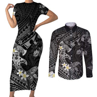 Polynesia Hammerhead Shark Couples Matching Short Sleeve Bodycon Dress and Long Sleeve Button Shirt Tropical Flowers Tribal Pattern Black