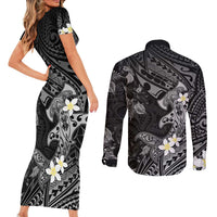 Polynesia Hammerhead Shark Couples Matching Short Sleeve Bodycon Dress and Long Sleeve Button Shirt Tropical Flowers Tribal Pattern Black