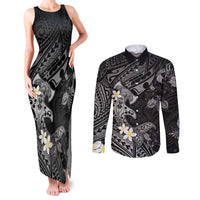 Polynesia Hammerhead Shark Couples Matching Tank Maxi Dress and Long Sleeve Button Shirt Tropical Flowers Tribal Pattern Black