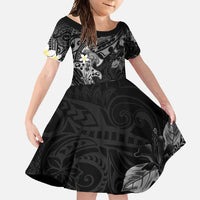 Polynesia Hammerhead Shark Family Matching Long Sleeve Bodycon Dress and Hawaiian Shirt Tropical Flowers Tribal Pattern Black LT05 Daughter's Dress Black - Polynesian Pride