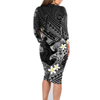 Polynesia Hammerhead Shark Family Matching Long Sleeve Bodycon Dress and Hawaiian Shirt Tropical Flowers Tribal Pattern Black LT05 - Polynesian Pride