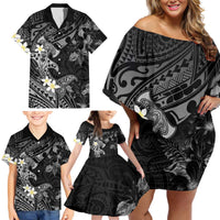 Polynesia Hammerhead Shark Family Matching Off Shoulder Short Dress and Hawaiian Shirt Tropical Flowers Tribal Pattern Black LT05 - Polynesian Pride