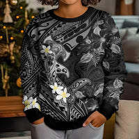 Polynesia Hammerhead Shark Kid Ugly Christmas Sweater Tropical Flowers Tribal Pattern Black