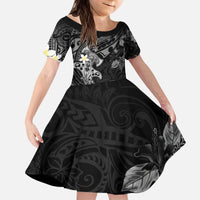 Polynesia Hammerhead Shark Kid Short Sleeve Dress Tropical Flowers Tribal Pattern Black