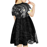 Polynesia Hammerhead Shark Kid Short Sleeve Dress Tropical Flowers Tribal Pattern Black