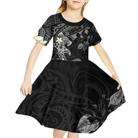 Polynesia Hammerhead Shark Kid Short Sleeve Dress Tropical Flowers Tribal Pattern Black
