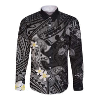 Polynesia Hammerhead Shark Long Sleeve Button Shirt Tropical Flowers Tribal Pattern Black LT05 Unisex Black - Polynesian Pride