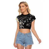 Polynesia Hammerhead Shark Raglan Cropped T Shirt Tropical Flowers Tribal Pattern Black