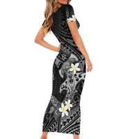 Polynesia Hammerhead Shark Short Sleeve Bodycon Dress Tropical Flowers Tribal Pattern Black LT05 - Polynesian Pride
