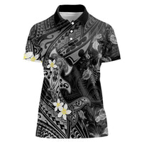 Polynesia Hammerhead Shark Women Polo Shirt Tropical Flowers Tribal Pattern Black
