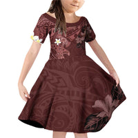 Polynesia Hammerhead Shark Family Matching Off Shoulder Short Dress and Hawaiian Shirt Tropical Flowers Tribal Pattern Oxblood LT05 Daughter's Dress Oxblood - Polynesian Pride