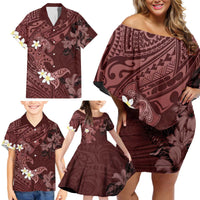 Polynesia Hammerhead Shark Family Matching Off Shoulder Short Dress and Hawaiian Shirt Tropical Flowers Tribal Pattern Oxblood LT05 - Polynesian Pride