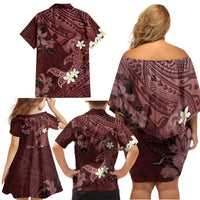 Polynesia Hammerhead Shark Family Matching Off Shoulder Short Dress and Hawaiian Shirt Tropical Flowers Tribal Pattern Oxblood LT05 - Polynesian Pride