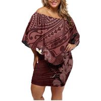 Polynesia Hammerhead Shark Family Matching Off Shoulder Short Dress and Hawaiian Shirt Tropical Flowers Tribal Pattern Oxblood LT05 Mom's Dress Oxblood - Polynesian Pride