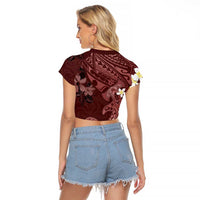 Polynesia Hammerhead Shark Raglan Cropped T Shirt Tropical Flowers Tribal Pattern Oxblood