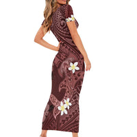 Polynesia Hammerhead Shark Short Sleeve Bodycon Dress Tropical Flowers Tribal Pattern Oxblood LT05 - Polynesian Pride