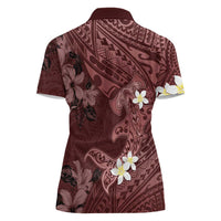 Polynesia Hammerhead Shark Women Polo Shirt Tropical Flowers Tribal Pattern Oxblood