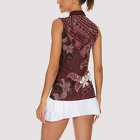 Polynesia Hammerhead Shark Women Sleeveless Polo Shirt Tropical Flowers Tribal Pattern Oxblood