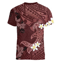 Polynesia Hammerhead Shark Women V-Neck T-Shirt Tropical Flowers Tribal Pattern Oxblood