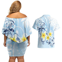 FSM Chuuk Constitution Day Couples Matching Off Shoulder Short Dress and Hawaiian Shirt Polynesian Curves Plumeria - Polynesian Pride