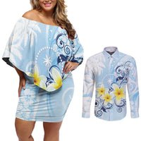 FSM Chuuk Constitution Day Couples Matching Off Shoulder Short Dress and Long Sleeve Button Shirt Polynesian Curves Plumeria - Polynesian Pride