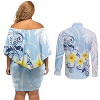 FSM Chuuk Constitution Day Couples Matching Off Shoulder Short Dress and Long Sleeve Button Shirt Polynesian Curves Plumeria - Polynesian Pride